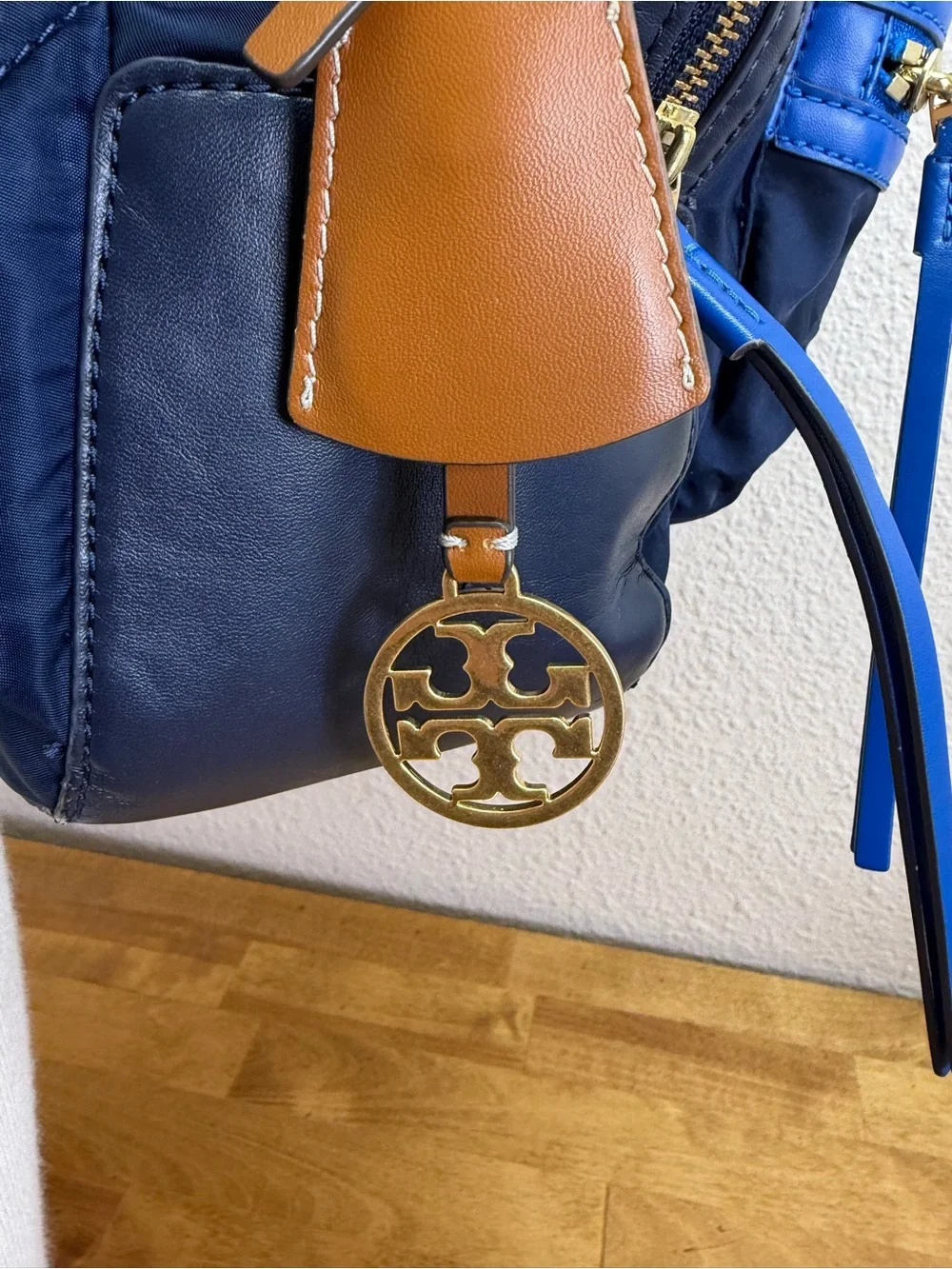 Tory Burch Perry Nylon Small Backpack Navy Blue Leather Trim Travel Bag Handbag